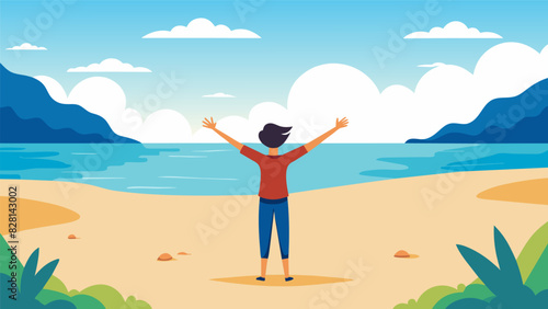 On a secluded spot on the beach a lone figure stands with their feet rooted in the sand arms outstretched as they take in the fresh ocean breeze and exhale any stress or tension.. Vector illustration