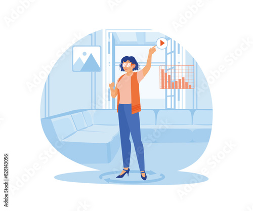 Virtual staging. Women wearing virtual glasses to design a room. Real estate business concept. Flat vector illustration.