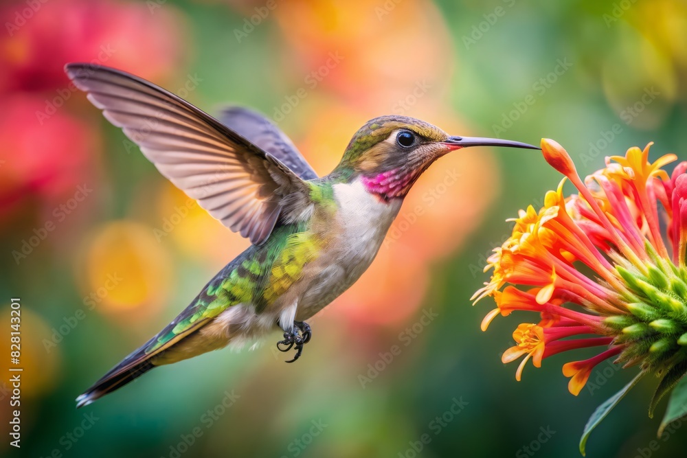 A close-up of a delicate hummingbird sipping nectar from a bright flower, its wings a blur of motion A close-up of a delicate hummingbird sipping nectar from a bright flower, its wings a blur of motion