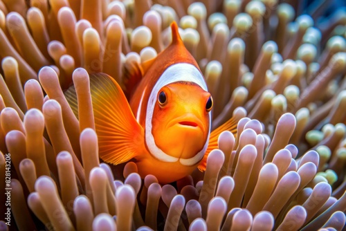 A clownfish nestled safely among the tentacles of a sea anemone
