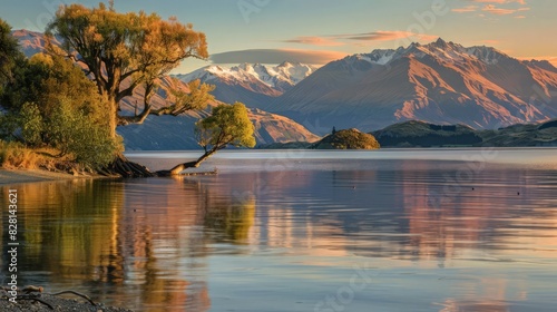 Lake Wanaka at sunrise is a sight to behold, with the famous Wanaka tree set against the serene lake and towering mountains photo