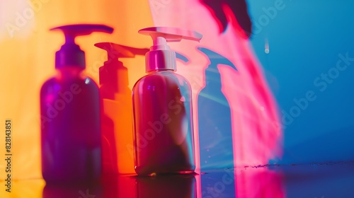 Hand soap deodorant shaving cream close up, focus on, copy space, bright hues, Double exposure silhouette with personal care items
