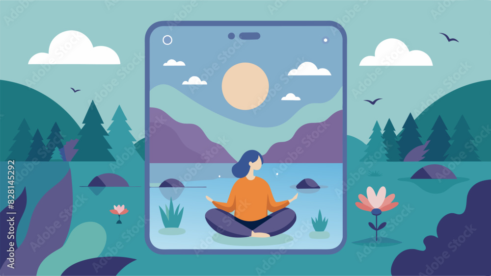 As the meditation progresses the app provides calming nature sounds such as trickling water or chirping birds to deepen the relaxation experience.. Vector illustration As the meditation progresses the app provides calming nature sounds such as trickling water or chirping birds to deepen the relaxation experience.. Vector illustration