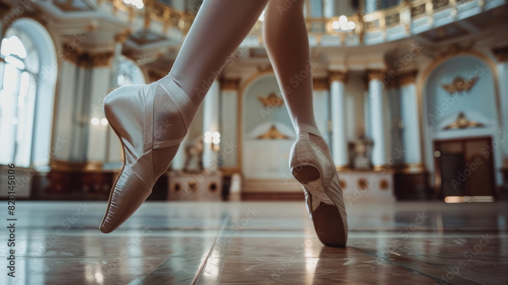 Close-up view of dancing legs feet of ballerina girl wearing white pointed shoes in ballroom Close-up view of dancing legs feet of ballerina girl wearing white pointed shoes in ballroom