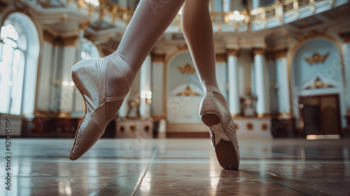 Close-up view of dancing legs feet of ballerina girl wearing white pointed shoes in ballroom created with Generative AI Technology