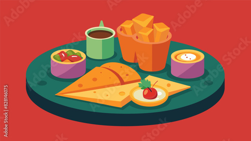 This snack platter is a melting pot of global cuisine featuring crispy spring rolls cheesy quesadillas and flavorful jerk chicken bites.. Vector illustration