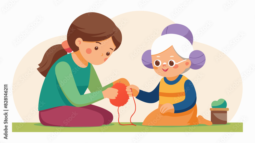 A grandmother teaching her granddaughter how to knit passing down handcrafted techniques that have been in the family for generations.. Vector illustration A grandmother teaching her granddaughter how to knit passing down handcrafted techniques that have been in the family for generations.. Vector illustration