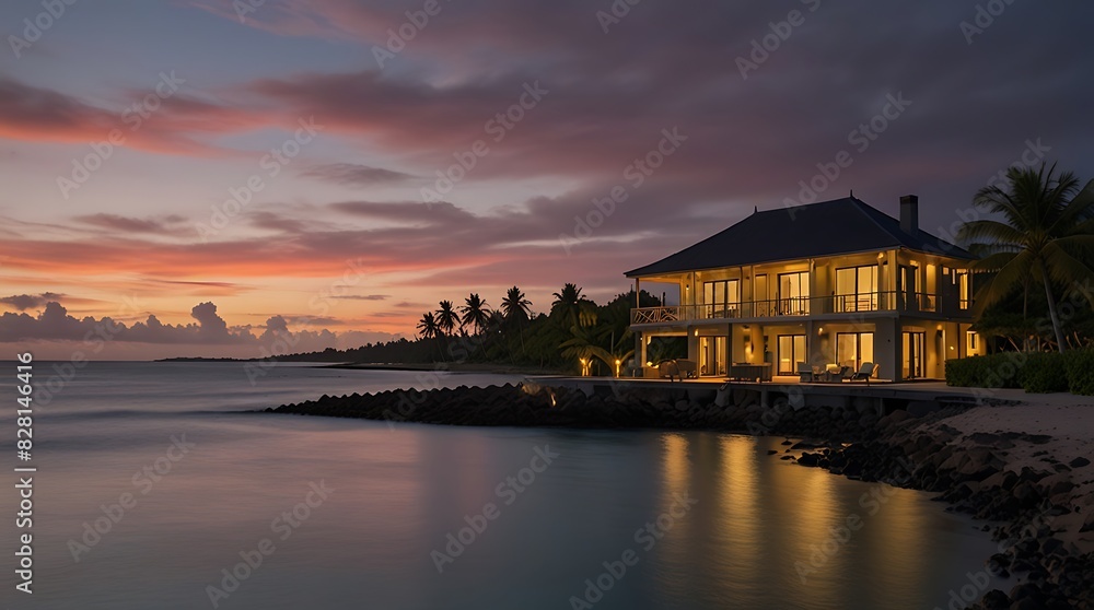 house on stilts sits on a beach at sunset. house on stilts sits on a beach at sunset.