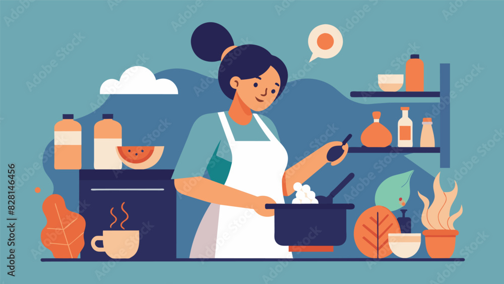 While cooking dinner she took the time to notice the sounds and smells of the food fully immersing herself in the process and the nourishment it would provide.. Vector illustration While cooking dinner she took the time to notice the sounds and smells of the food fully immersing herself in the process and the nourishment it would provide.. Vector illustration