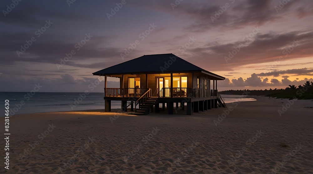 house on stilts sits on a beach at sunset. house on stilts sits on a beach at sunset.