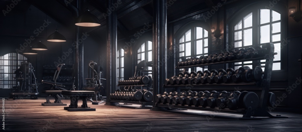 dark gym room with black dumbbells dark gym room with black dumbbells