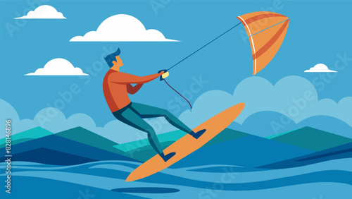As the wind picks up a kite surfer uses their deep breathing techniques to stay focused and in control as they glide along the ocean waves.. Vector illustration
