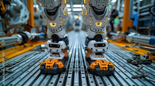 The robotâ€™s feet, designed with stability-enhancing features, stand firmly on a metal grate floor, surrounded by machinery parts and tools, highlighting the robustness required for factory work. photo