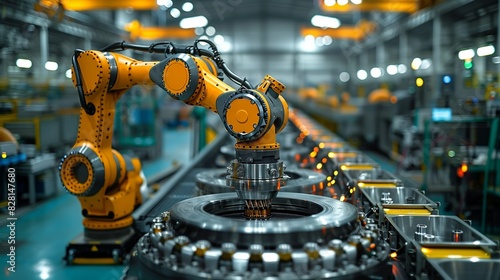 The robot is seen lifting a heavy metal component with ease, showcasing its strength and the advanced engineering that allows it to perform physically demanding tasks safely. safety first for photo
