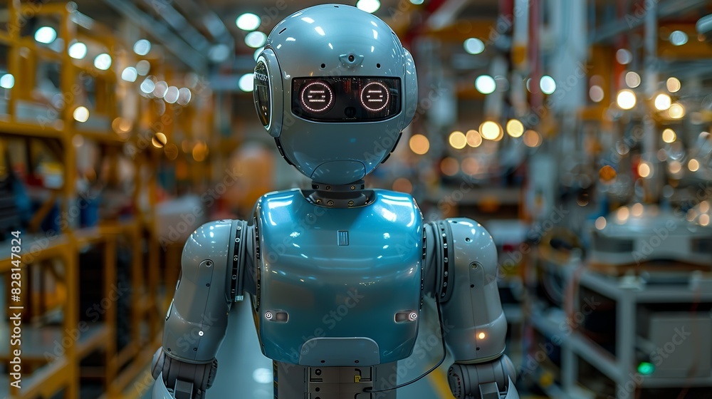 The ambient lighting in the factory casts a blue hue, creating a high-tech atmosphere that complements the futuristic presence of the humanoid robot in the industrial setting. safety first for The ambient lighting in the factory casts a blue hue, creating a high-tech atmosphere that complements the futuristic presence of the humanoid robot in the industrial setting. safety first for