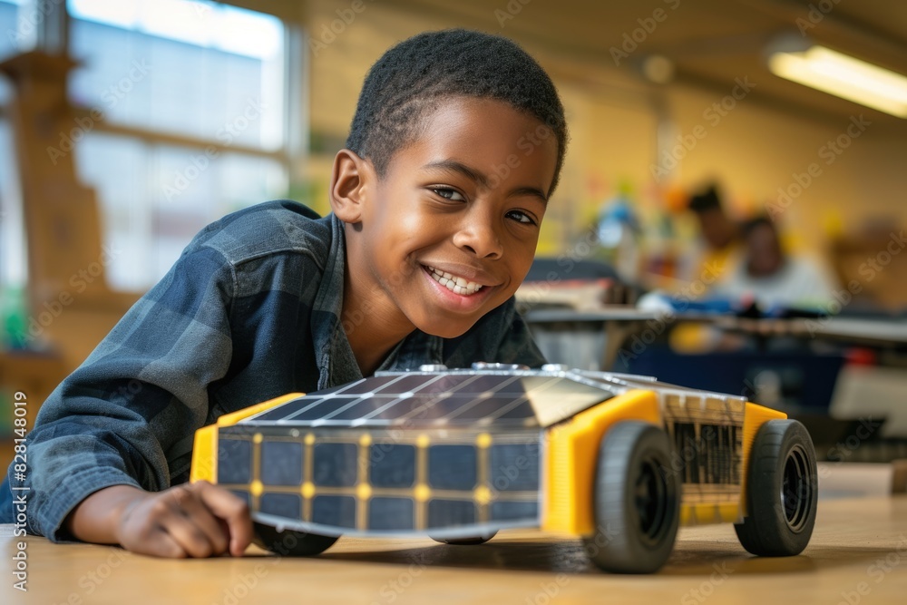 Happy elementary student inventing or playing car model with solar ...