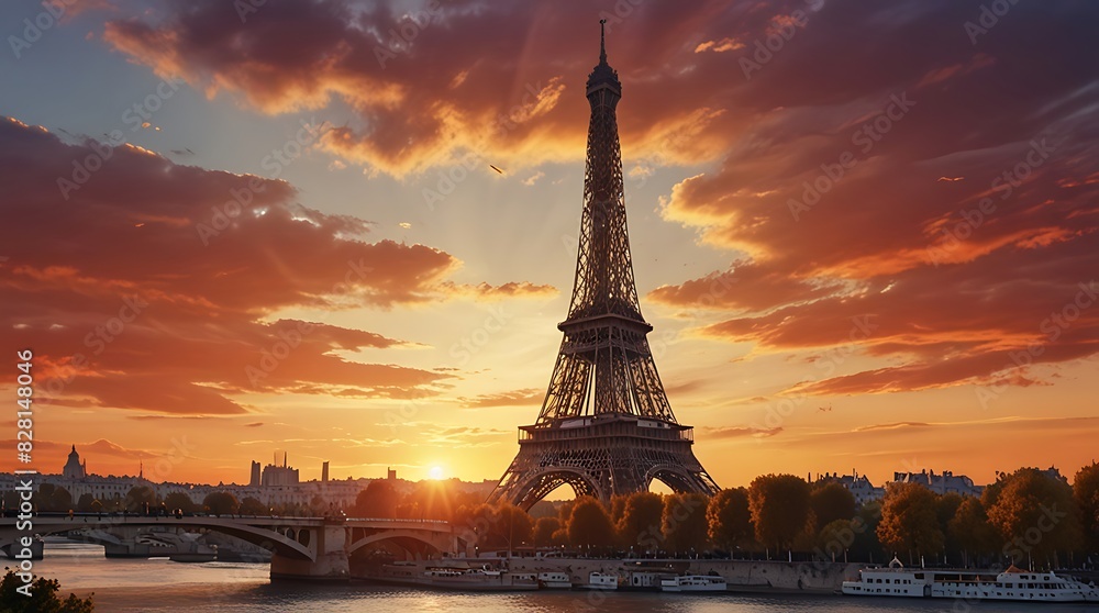 Obraz premium Eiffel Tower in Paris, France, is pictured here at dusk with an orange sky