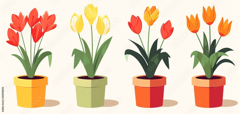 A colorful illustration of four tulip plants in pots, showcasing red, yellow, and orange flowers against a neutral background. A colorful illustration of four tulip plants in pots, showcasing red, yellow, and orange flowers against a neutral background.