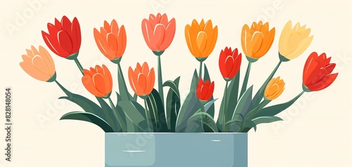 A colorful illustration of tulips in various shades of orange, red, and yellow in a blue vase, perfect for spring decor.