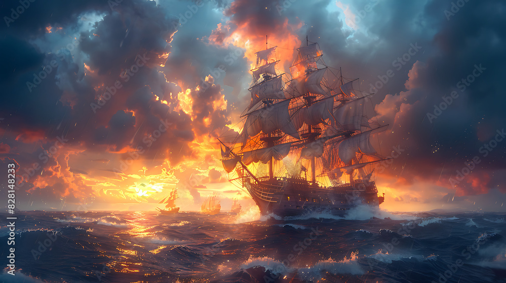 illustration of a pirate ship sailing the high seas with swashbuckling ...