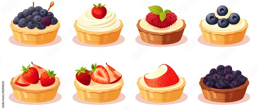 Collection of colorful fruit tart illustrations, showcasing various berries and cream toppings, perfect for dessert-themed designs. Collection of colorful fruit tart illustrations, showcasing various berries and cream toppings, perfect for dessert-themed designs.