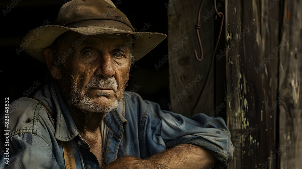 Portrait of a farmer leaning against a fence, with light and shadow highlighting their weathered face and work attire. Portrait of a farmer leaning against a fence, with light and shadow highlighting their weathered face and work attire.