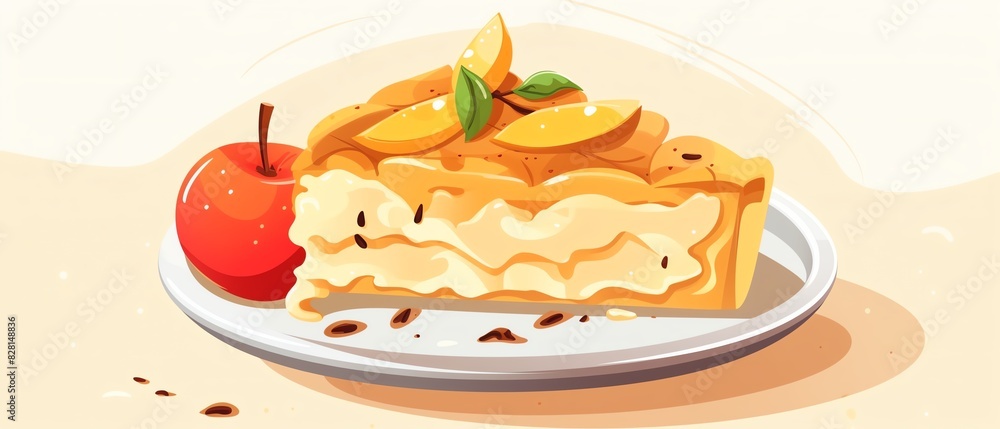 Slice of delicious apple pie topped with apple slices and garnished with mint on a white plate, perfect for dessert inspiration. Slice of delicious apple pie topped with apple slices and garnished with mint on a white plate, perfect for dessert inspiration.