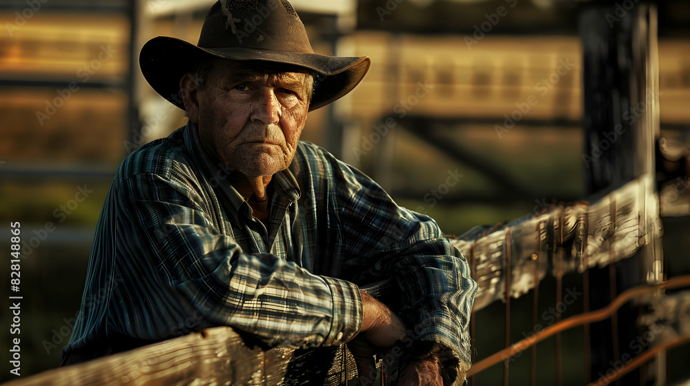 Portrait of a farmer leaning against a fence, with light and shadow highlighting their weathered face and work attire. Portrait of a farmer leaning against a fence, with light and shadow highlighting their weathered face and work attire.