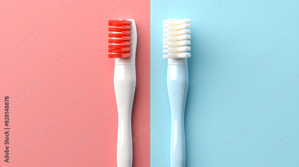 Two toothbrushes with different colored bristles placed side by side on a split background of pink and blue, representing dental hygiene. Two toothbrushes with different colored bristles placed side by side on a split background of pink and blue, representing dental hygiene.