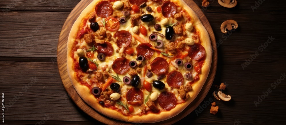 Delicious pizza with tomatoes and sausage on a wooden board Delicious pizza with tomatoes and sausage on a wooden board