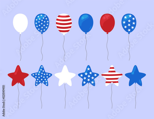 USA balloons vector set. Flat illustration of decorative elements for Independence Day or other American holidays in United States flag colors, stripes and stars