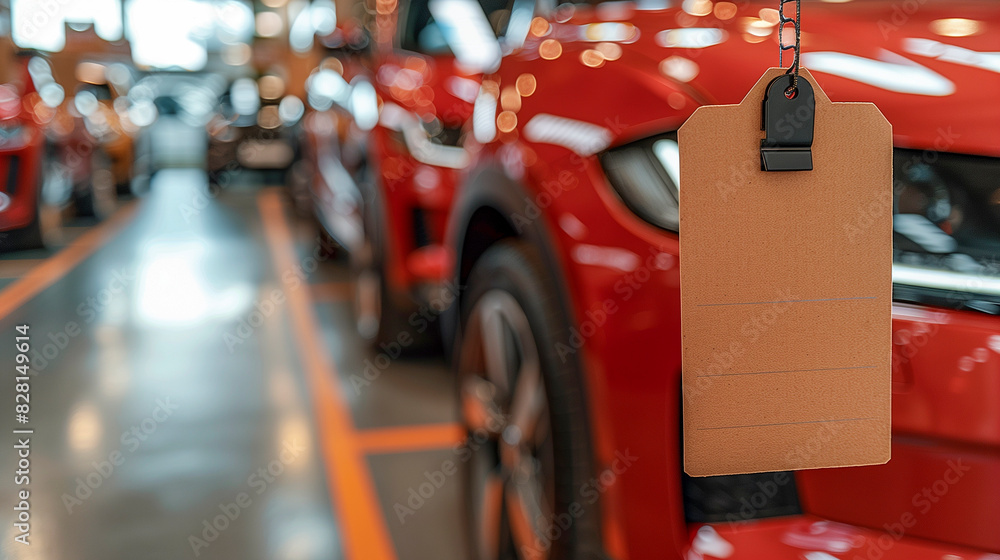 Obraz premium Car Dealership - A car showroom with vehicles on display and a blank price tag or sign for copy space.