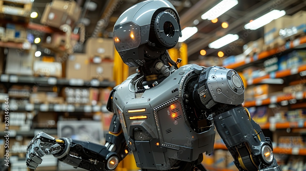 The robot’s joints and limbs are reinforced, allowing for smooth and flexible movement, necessary for navigating the tight spaces and varied layouts of a busy warehouse or store. safety first for The robot’s joints and limbs are reinforced, allowing for smooth and flexible movement, necessary for navigating the tight spaces and varied layouts of a busy warehouse or store. safety first for