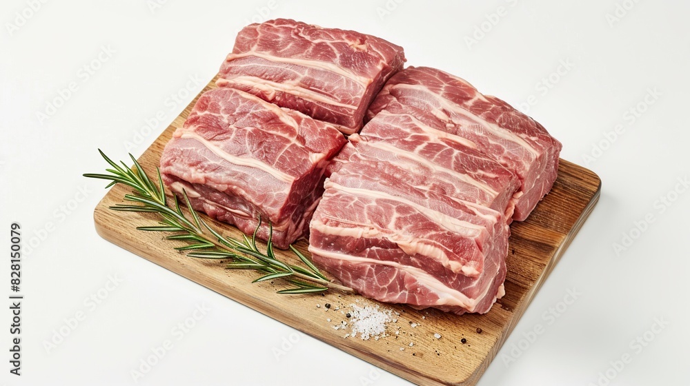 fresh pork belly meat on cutting board isolated on white . Generative Ai fresh pork belly meat on cutting board isolated on white . Generative Ai