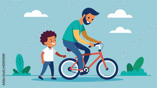 A parent teaching their child how to ride a bike with the childs full attention and excitement unburdened by the temptation of screen time.. Vector illustration photo