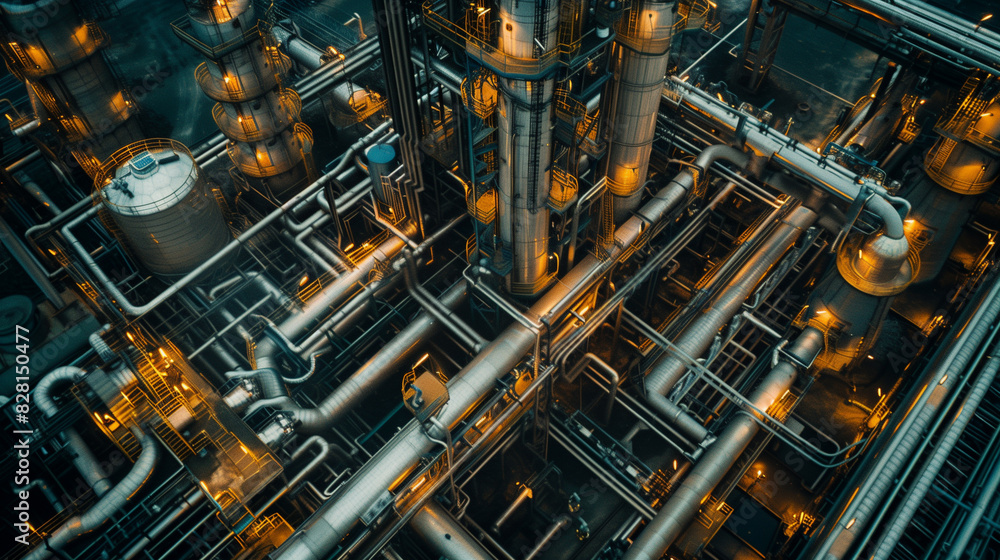A large industrial plant with many pipes and tanks. Concept of complexity and industrialization A large industrial plant with many pipes and tanks. Concept of complexity and industrialization