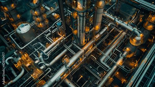 A large industrial plant with many pipes and tanks. Concept of complexity and industrialization