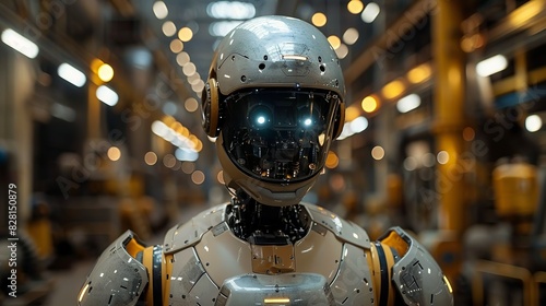 Equipped with a robust helmet and face shield, the robot inspects high-pressure pipelines in an oil plant, its synthetic skin designed to withstand extreme temperatures. AI Technology and Industrial photo