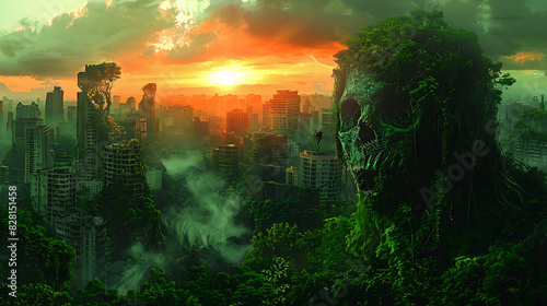 illustration of a postapocalyptic wasteland reclaimed by nature with crumbling skyscrapers overgrown vegetation and survivors forging new societies amidst the ruins of civilization