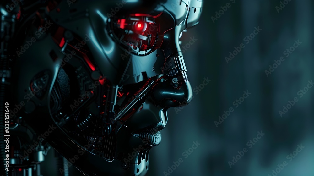 Fototapeta premium Humanoid Robot with Menacing Expression Focused on Target with Laser-like Precision