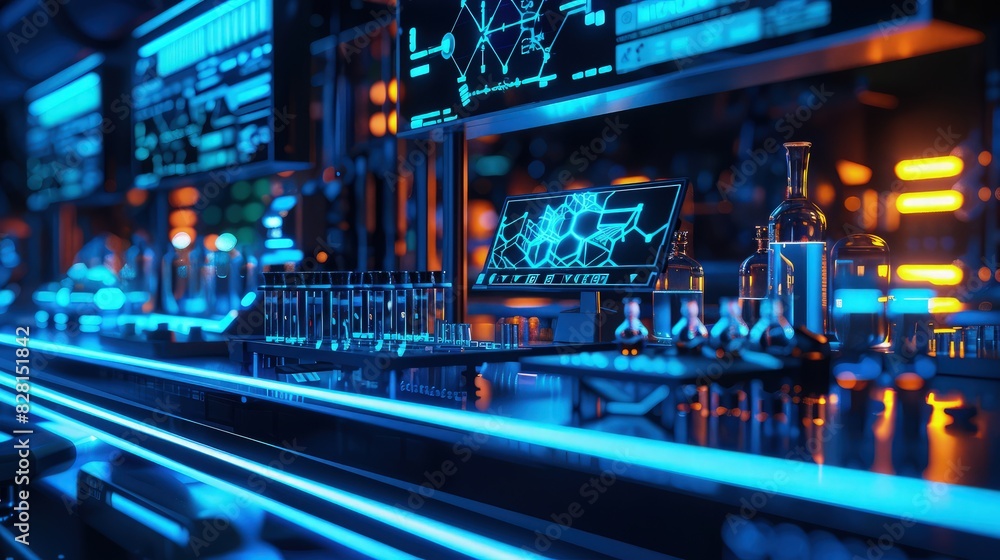 A futuristic biotech lab with neon blue lights, where AI systems are used to design and synthesize new drug compounds, displayed on holographic interfaces. A futuristic biotech lab with neon blue lights, where AI systems are used to design and synthesize new drug compounds, displayed on holographic interfaces.