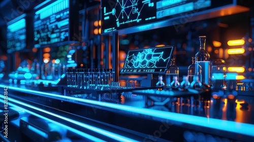 Wallpaper Mural A futuristic biotech lab with neon blue lights, where AI systems are used to design and synthesize new drug compounds, displayed on holographic interfaces. Torontodigital.ca