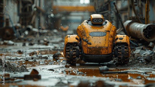 The floor of the hazardous location is littered with debris and chemical spills, yet the robot maneuvers efficiently, highlighting its robustness and suitability for these tough conditions. AI photo
