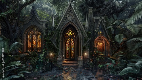 A Gothic revival home entrance with pointed arch doorways  stained glass windows  and wrought iron details  set in a lush  dark-leafed garden.