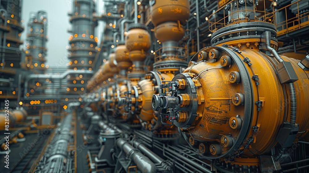 Fototapeta premium The hazardous location includes massive reactors and processing units, with the robot working seamlessly within this infrastructure, showcasing its integration into the industrial workflow. AI