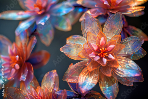A wreath of holographic flowers, each petal shifting colors, captured from an extreme close-up angle that focuses on the minute details of the textures and hues