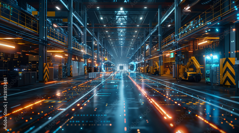 A futuristic industrial warehouse with a neon blue and orange glow. The warehouse is filled with robots and machinery A futuristic industrial warehouse with a neon blue and orange glow. The warehouse is filled with robots and machinery