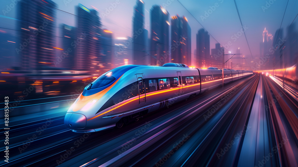 A train is traveling down a track in a city at night. The train is long and sleek, and it is moving very fast. The city lights in the background create a sense of motion and energy A train is traveling down a track in a city at night. The train is long and sleek, and it is moving very fast. The city lights in the background create a sense of motion and energy