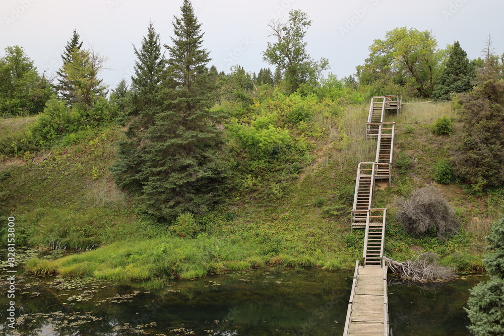 Fototapeta premium stairways lead the way from a bridge across a lake up a steep hillside