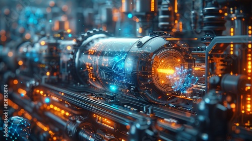 A futuristic machine with sleek, metallic surfaces and glowing blue lights, surrounded by floating particles and energy fields, suggesting advanced quantum technology. AI Technology and Industrial